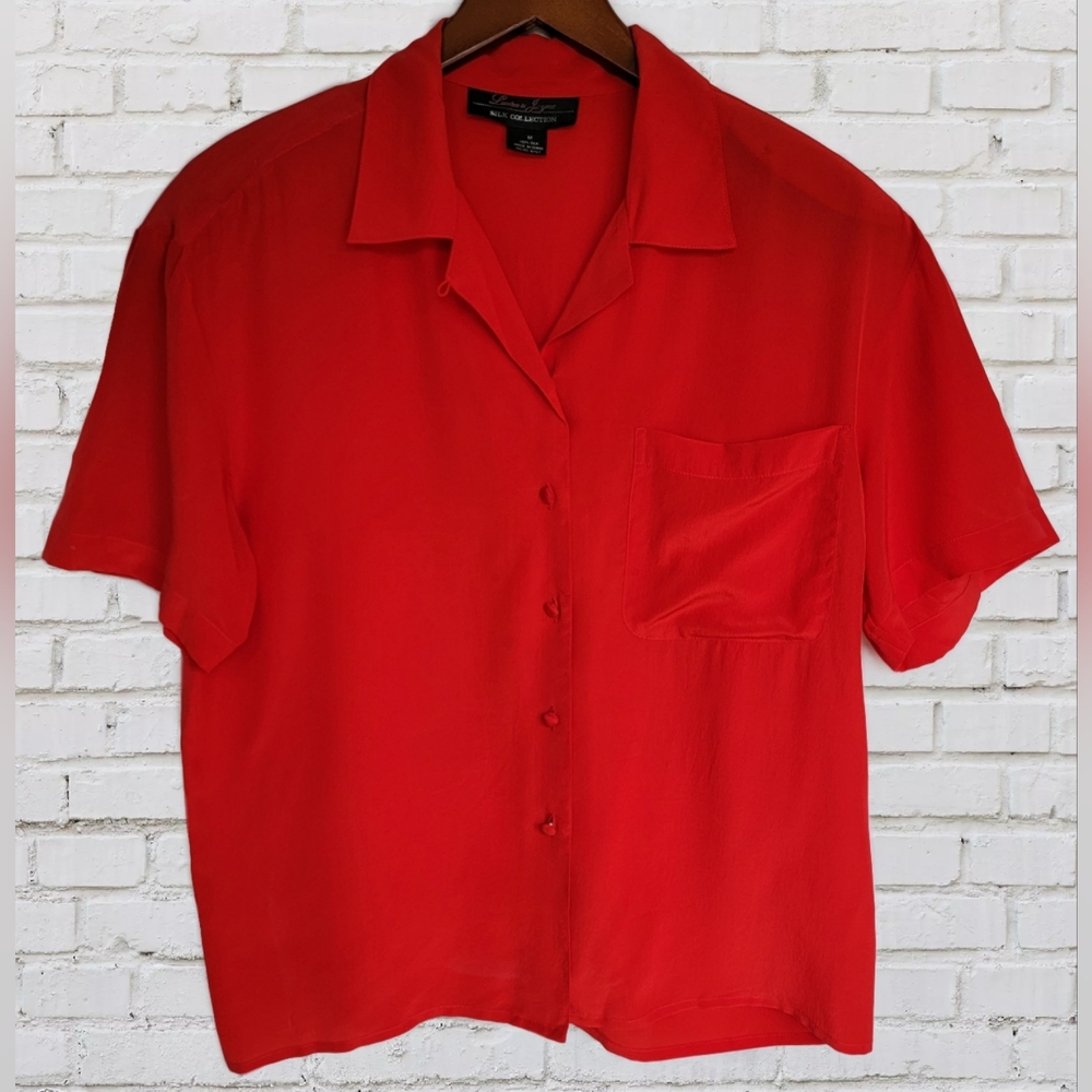 Laura & Jayne Red Silk Short Sleeve Button Down Blouse Size Medium